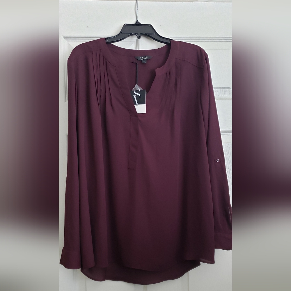 Simply Vera Vera Wang Women's Blouse Sz XXL Pin Tuck Roll Tab Sleeve Purple Top